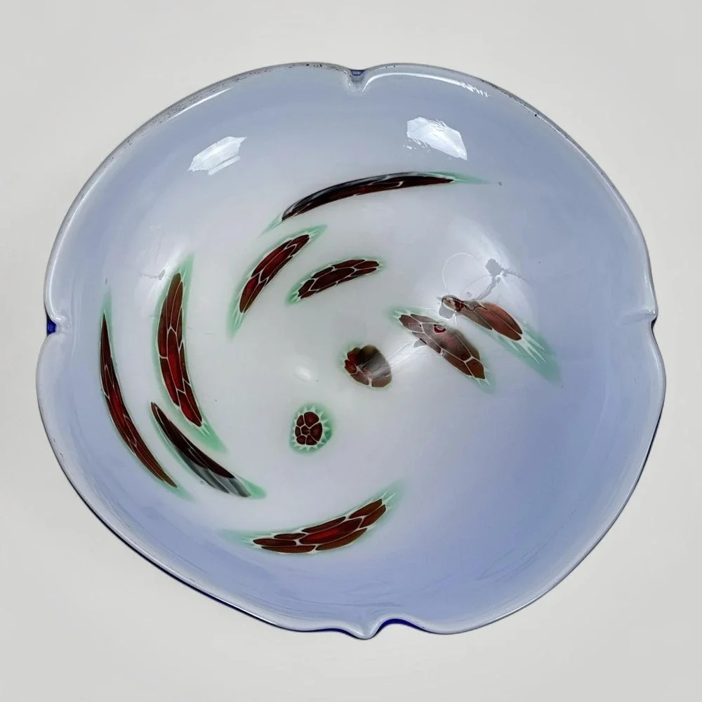 Handblown Art Glass Bowl Cobalt Blue White Interior Murrine 8.5 in Scalloped Rim